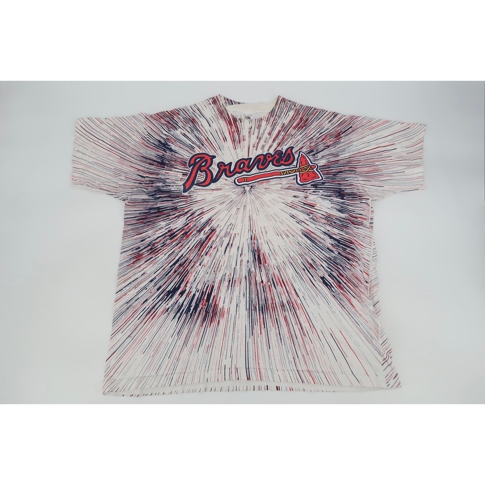 Vintage Atlanta Braves T-Shirt Mens XL White Red Blue Explosion All Over Print